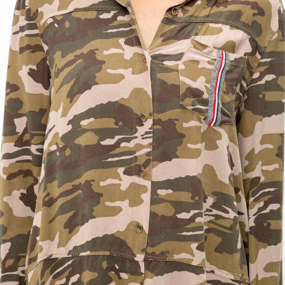 MYSTREE Camo Button Down Shirt, Oversized Utility Top, Green Brown Neutral - Picture 9 of 9